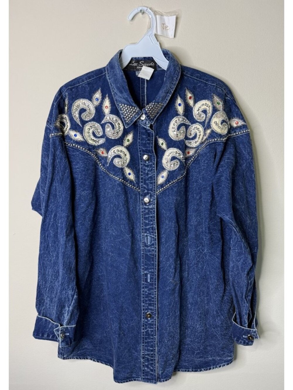 Vintage 80s Button Shirt Denim Jean Scroll Embellished Western
